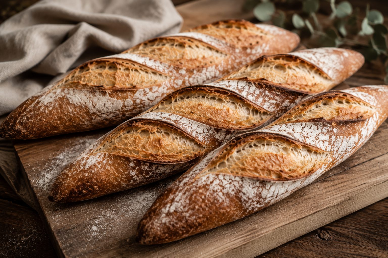 Three sourdough baguettes with a blistered crust on a wooden board