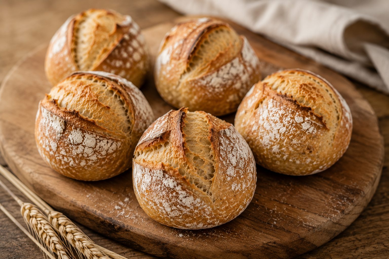 Five round sourdough dinner rolls on a wooden board with wheat stalks