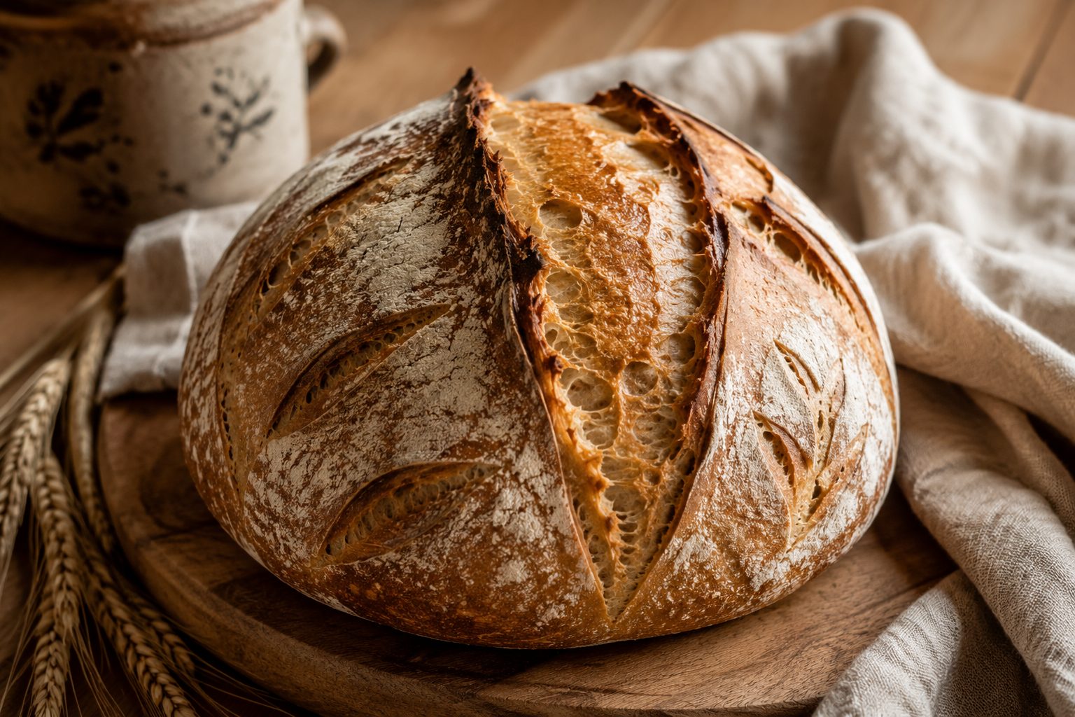 A large round sourdough country boule with a leaf-pattern score